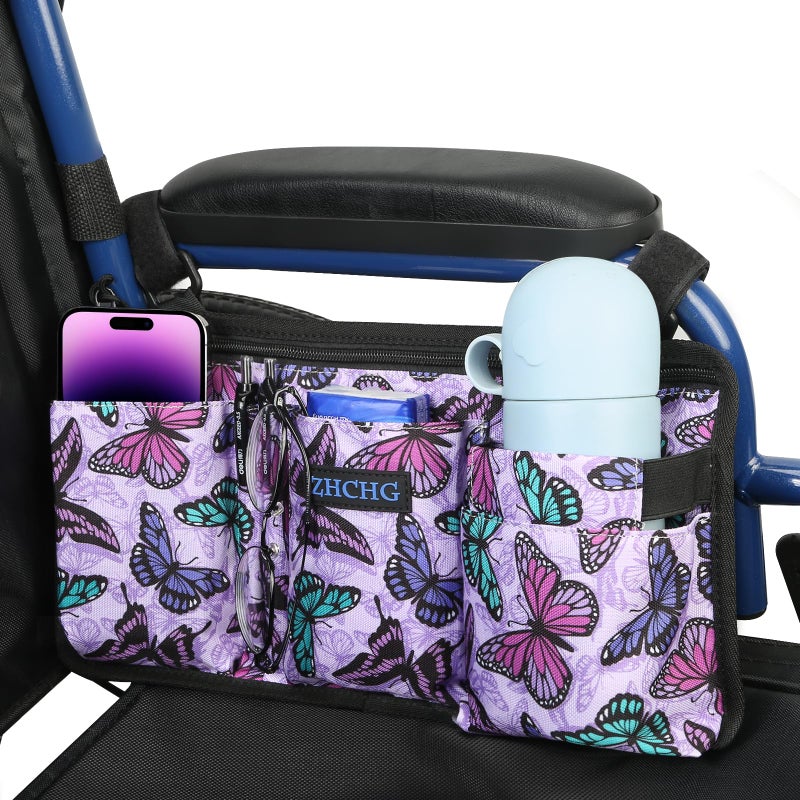 Wheelchair Side Bag with Cup Holder Wheelchair Armrest Pouch Accessories for Walker Rollator Electric Scooter Wheelchairs Ideal Gift for Mothers Day Fathers Day Purple